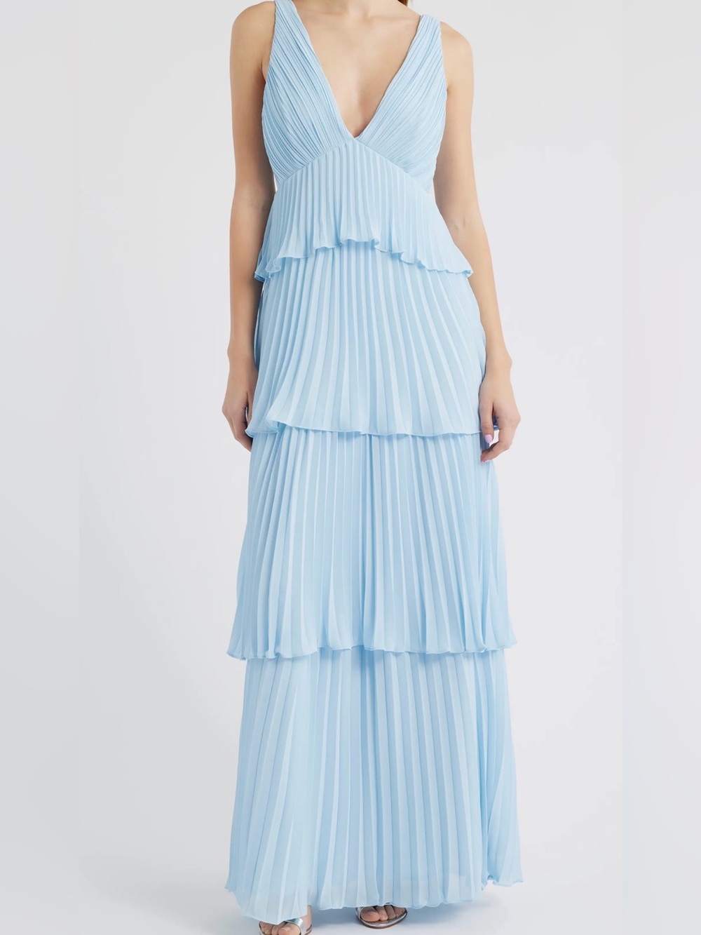 Lulu's Lightweight Light Blue Pleated Tiered V-Neck Maxi Dress